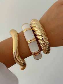 3 Peças Conjunto de Pulseiras Vintage Esmaltadas Elegantes e da Moda, com Desenho Geométrico Assimétrico Ondulado Texturizado, Ideal para Mulheres e Homens, Ótimo para Férias, Festa, Encontros, Presentes, Uso Diário - Ouro amarelo - Visão 4