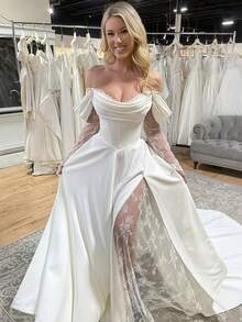 Elegant Sexy Off Shoulder High Slit Lace Long Sleeves A Line Satin Formal Bridal Dress Registration Wedding Dress For Bride,Bridal Fashion,Evening Party Dress Bridal Gowns,Romantic Church Ceremony Wedding Dress,Suitable For Wedding,Party,Singles' Party,Vacation,Bride,Formal Occasions,Dinner Dress,Prom Dress,Homecoming Dress,Cocktail Party - 白色 - 查看 2