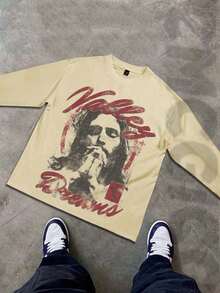 Y2K Style Vintage Motorcycle Printed Men's Long-Sleeve T-Shirt, Street Hip-Hop Style Autumn & Winter Cotton Top, Regular Fit  Digital Print, Ideal For Men's Fashion Outfits & Gifting - Màu be - Xem 4