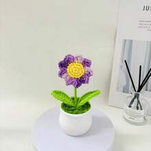 1 件手工钩编盆栽，郁金香/向日葵/心形花桌面装饰，针织玫瑰花，勿忘我盆栽礼物，人造花桌面装饰，派对礼物