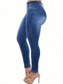 女士提臀牛仔裤，高弹紧身长裤，时尚优雅，适合约会、通勤、休闲外出等春季穿着 - 中藍色 - 查看 4