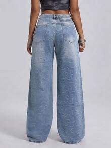 NVFelix Jeans longs en denim décontractés et polyvalents pour femmes, avec un design floral jacquard unique, style mode Bermuda Y2K, avec poches, jambe droite ample taille haute non stretch, jeans lavés, convient pour le port quotidien, nouvelle collection automne/hiver - Jean clair - Voir 5