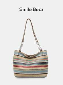 夏季新款波西米亚风条纹编织手提包 女士大容量通勤单肩包 草编材质 海边度假沙滩包 时尚百搭ins风超火大容量包 - 黑色 - 查看 2