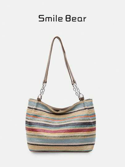夏季新款波西米亚风条纹编织手提包，女士大容量通勤单肩包，草编材质沙滩度假包，时尚百搭超大容量包