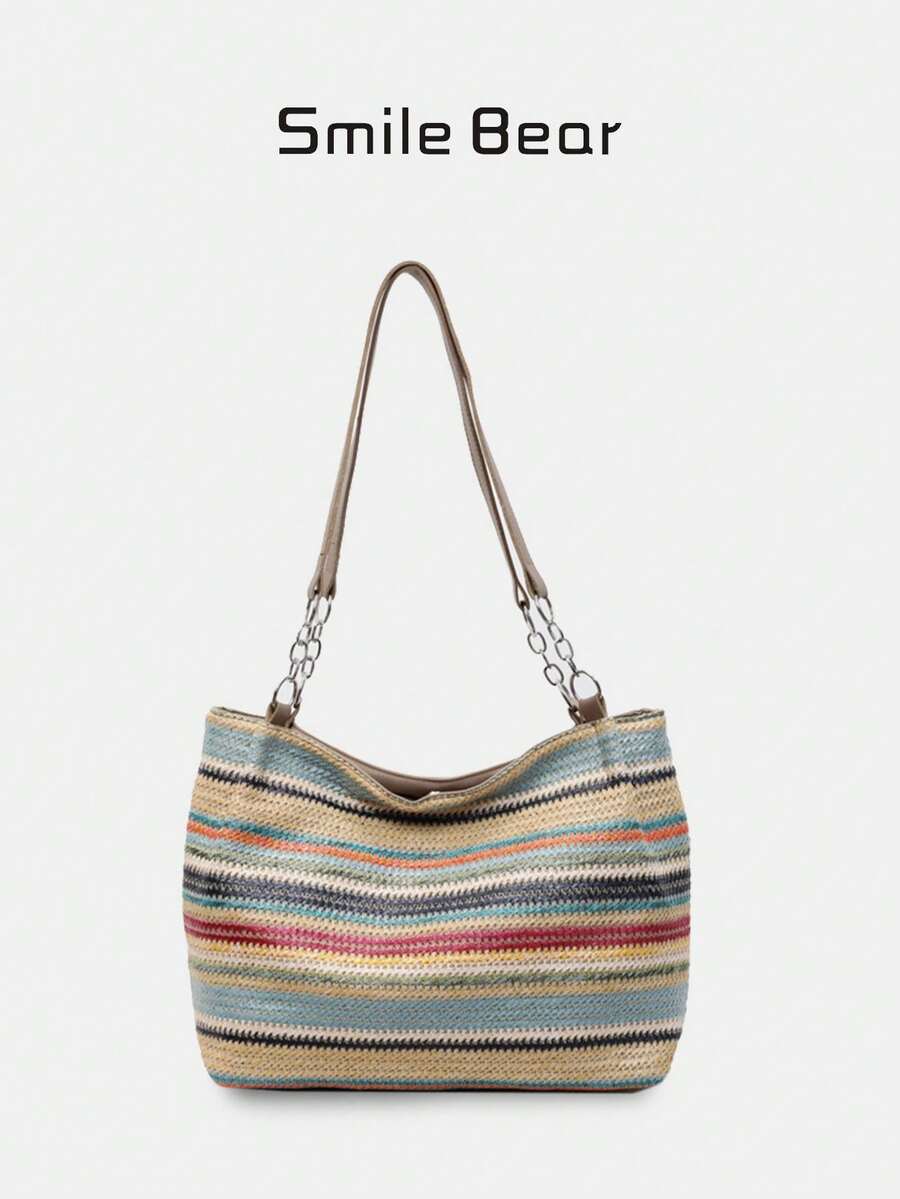 夏季新款波西米亚风条纹编织手提包 女士大容量通勤单肩包 草编材质 海边度假沙滩包 时尚百搭ins风超火大容量包