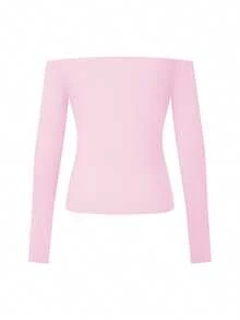 Womens Off The Shoulder Tops Casual Slim Fit Stylish Solid Color Long Sleeve T-Shirt For Fall - Pink - View 2
