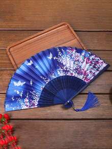 1PC Bamboo Folding Hand Fan, Women's Floral Butterfly Handheld Fan, Handmade Chinese Fan With Tassel, Dance Wedding Party Photo Prop Gift - Multicolor - View 4