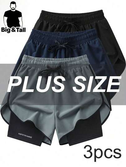 3pcs/Pack Plus Size Men's 2-In-1 Quick Dry Breathable Shorts, Men Fashion Bull Head Printed Summer Fitness Training Sports Shorts With Slight Stretch