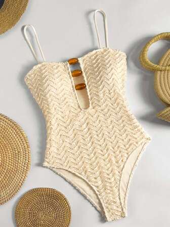 Kadınlar İçin Şık Boho İnce Askılı Tek Parça Mayo, Boncuklu Kesim Detayları ve Dokulu Kumaş Yüksek Esnekliğe Sahip Bikiniler