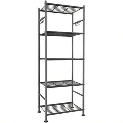 Storage Shelves - 5-Tier Large Capacity Shelf Organizer With Hooks Heavy-Duty Garage Shelving With Leveling Feet Wobble-Free Rack For Bedroom Balcony Garage 18.1"*12.4"*56.8" Black