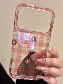 奢华复古浅粉色格子波点小花手机壳，兼容 17 Pro Max、16 Pro Max、17 Pro、17、13、14、12 Pro Max、11，防震可爱保护后盖 - 格紋波點花朵 - 查看 2