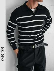 GRDR Men's Classic Striped Knit Sweater With Airplane Collar, Versatile For Daily Wear, Autumn/Winter - Black - View 1