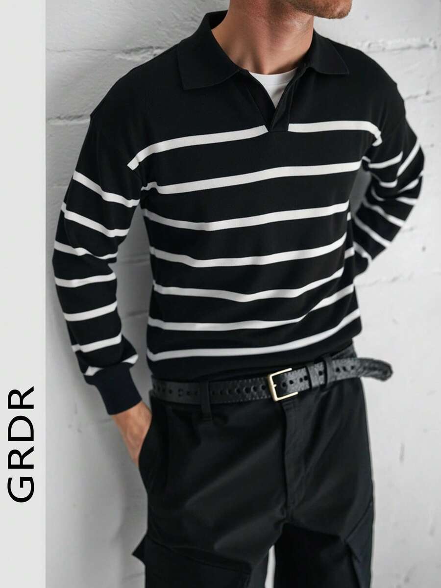 GRDR Men's Classic Striped Knit Sweater With Airplane Collar, Versatile For Daily Wear, Autumn/Winter - Black - View 1