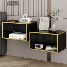 Floating Nightstand Set Of 2, Night Stand With Open Shelf And Fluted Drawer, Modern Wall Mounted Bedroom Furniture, Gold Border Side Table, Room Deocr, White/ Black - 黑色 - 查看 10