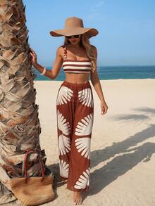 2026 3pcs/Set Women's Bohemian Style Spaghetti Strap Bikini Set With Abstract Leaf Print Wide Leg Pants, Fashionable Swimwear For Vacation Beach Summer - Multicolor - View 4