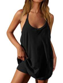 Women's Summer Mini Dress Casual Workout Tennis Dress With Shorts Sleeveless Althletic Dresses - 黑色 - 查看 1
