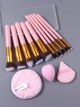 13pcs High Quality Makeup Brush Set - Large Soft Powder Brush, Blush Brush, Contour Brush, Concealer Brush, Eyeshadow Brush + Wet & Dry Makeup Sponge Blender + Extra Large Round Puff