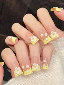 10片中号鸭嘴/喇叭形手工美甲贴片，适合派对和日常佩戴，奶黄色，白色小花，适合春夏，闪亮耀眼，易于佩戴。10片Y2K风格手工美甲贴片，闪亮耀眼，适合女孩和女士参加节日派对和日常佩戴。 - 黃色 - 查看 3