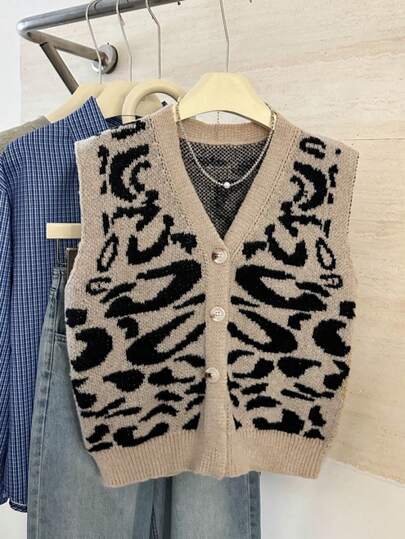 Autumn/Winter New Chic Leopard Print V-Neck Knit Vest, High-End Loose Cardigan For Layering