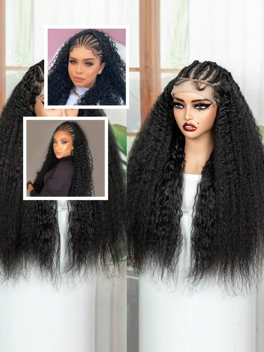 13x4 HD Lace Front Half Braided Half Wavy Curly Wigs With Baby Hair 24" Cornrow Braided Wigs Synthetic Black Pre Braids Lace Front Wigs