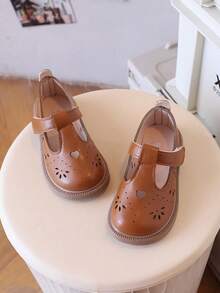 Brown Leather-Like Children Flat Shoes, Girl/Kids