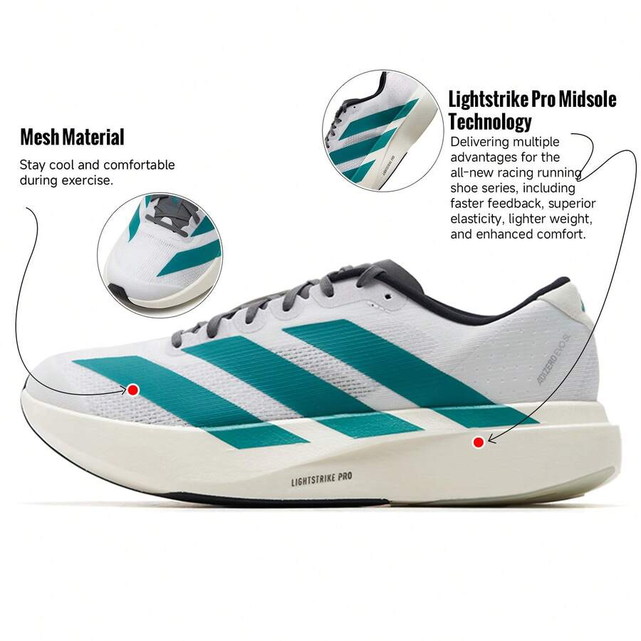 Adidas 男士 Adizero Evo SL M 跑步鞋，轻便舒适的户外日常运动鞋，采用 Lightstrike Pro 中底技术，低帮系带休闲运动鞋，JS4487 - 白/純藍綠色/淡灰 - 查看 1