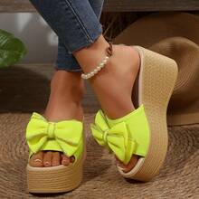 Women's Bow Decor Thick Sole Wedge Slippers, Lightweight Open Toe Sandals For Beach, Casual & Outdoor Activities - Green - View 4