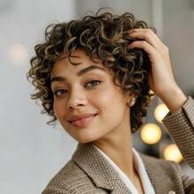 P4/27 高光精灵短发真人发假发，带刘海，卷曲波浪发型，6英寸/15.24厘米层次水波纹发型，180%密度巴西原生发，无胶假发，完美适合日常佩戴、派对、圣诞节和节日庆典。