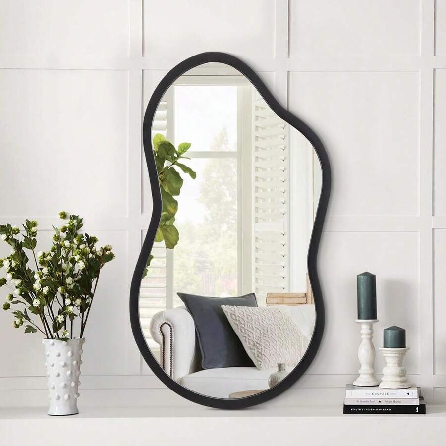 14"L X 8"W Irregular Wall Mirror With Wood Framed Small Asymmetrical Black Hanging Mirrors For Bedroom Living Room Bathroom Entryway Dressing Room Decorative - 深灰色 - 查看 1
