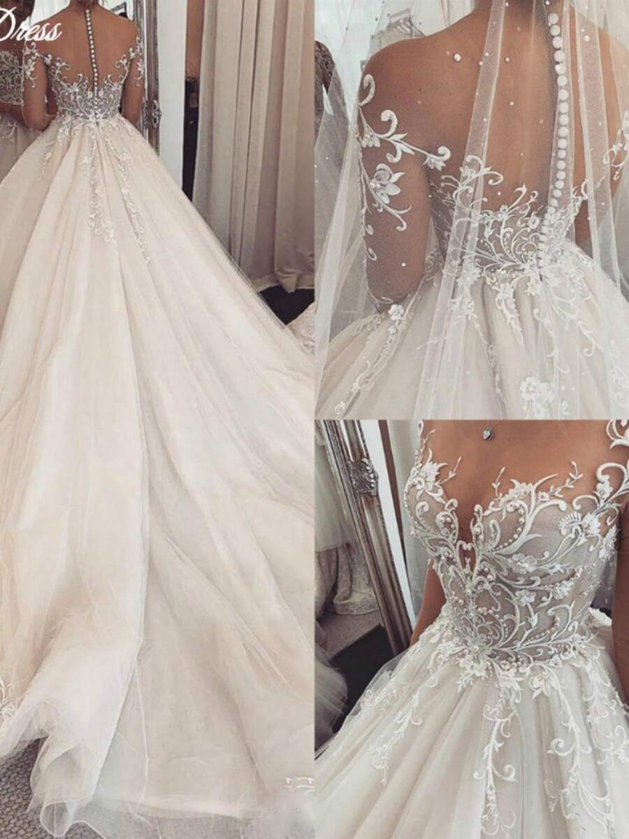 Charming Lace Applique Long Sleeves A Line Tulle Formal Wedding Dress,Registry Office Dresses Bridal Gown,Evening Party Dress Birthday Party Dress Country Wedding,Party Dress Country Wedding,Romantic Church Ceremony Wedding Dress,Suitable For Wedding,Dating,Party,Singles' Party,Vacation,Formal Occasions,Dinner Dress,Prom Dress,Homecoming Dess,Cocktail Party,Wedding Guest Dress,Graduation - trắng - Xem 1