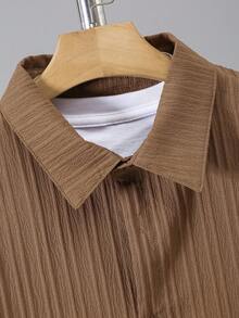 2pcs Teenage Boys' Casual Textured Short Sleeve Shirt And Shorts Set - Brown - View 3