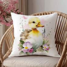 1pc Simple Spring Duck Decorative Pillow Cover, Single-Sided Printed Soft Peach Velvet Material, 45*45CM Cushion Cover Suitable For Indoor Decor, Party Decor, Decorative Pillow Gift