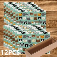 1/4/6/8/12 Peças Jogos Americanos Laváveis Impressos com Padrão de Gato, Protetores de Superfície de Mesa, Tapetes de Mesa de Jantar Interno e Externo, Adequados para Festas de Feriados, Cozinha e Jantar
