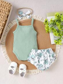 2pcs Newborn Baby Girl Cute & Comfy Strap Ribbed Bodysuit + Shorts Set, Summer - Green - View 2