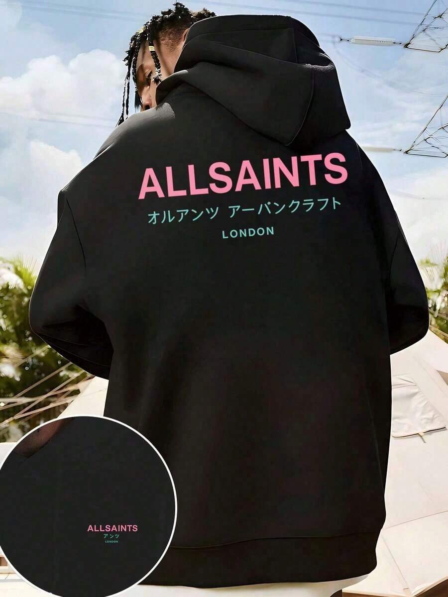 ALLSAINTS London Japanese Streetwear Hoodie 100% Cotton, Casual, Comfortable, Durable, Unique Graphic Print, Double-Sided Printed - 黑色 - 查看 1