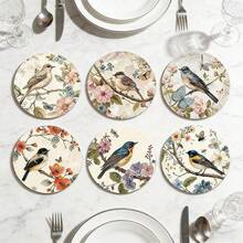 6/12pcs Set Watercolor Illustration Style Wooden Coasters, Decorated With Floral And Bird Patterns, Fresh And Elegant With Natural Vibe, Size 10*10cm, Suitable For Kitchen, Kitchen Decor, Holidays, Wedding Table, Bedroom, Room Decor, Garden Decor, Coaster Set, Beverage Coasters, Home Coasters - Multicolor - View 1