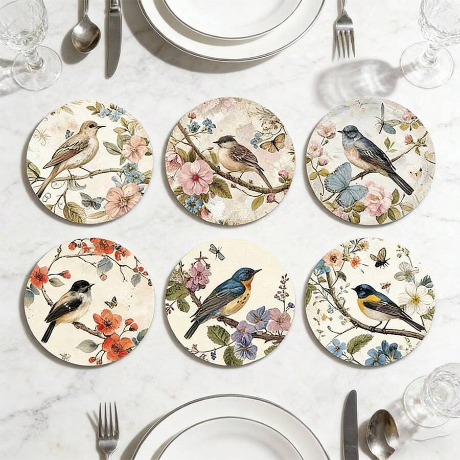 6/12pcs Set Watercolor Illustration Style Wooden Coasters, Decorated With Floral And Bird Patterns, Fresh And Elegant With Natural Vibe, Size 10*10cm, Suitable For Kitchen, Kitchen Decor, Holidays, Wedding Table, Bedroom, Room Decor, Garden Decor, Coaster Set, Beverage Coasters, Home Coasters - Multicolor - View 1