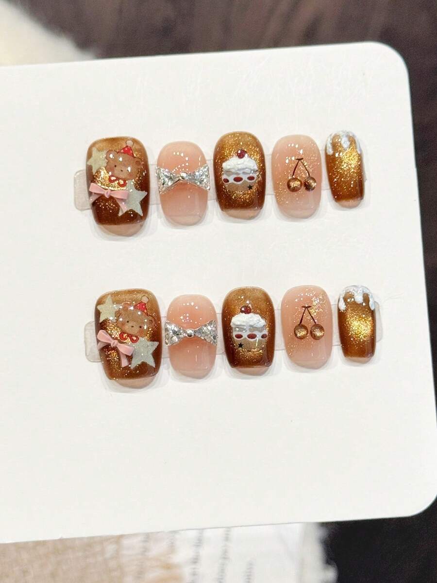 10 Stücke handgefertigte Quadratnägel, kurze Acryl-Aufkleb-Nägel, sanftes rosa Farbverlauf, glänzend braune Katzenaugen, 3D-Bogen-Nagelaufkleber mit Sternbär und Kirsche, süß, kantig, elegant, einfach, Herbst-Nägel, Herbst-Aufkleb-Nägel, Winter-Fake-Nägel, Festival-Nägel, für Party, Alltag und Date geeignet, für Strandurlaub und Tropen, geeignet als DIY-Nagelzubehör für Frauen und Mädchen als Geschenk. - Braun - Übersicht 1