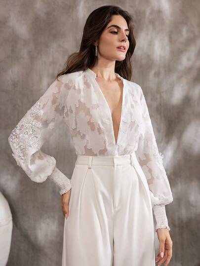 Camisa com Decote em V com Mecanismo de Flor 3D de Lantejoulas de Alta Qualidade da A&A, Roupas Femininas de Primavera, Volta às Aulas, Blusas Femininas para Sair, Camisa Feminina com Botões, Top Fluida, Top Transparente, Boêmia