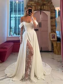 Elegant Sexy Off Shoulder High Slit Lace Long Sleeves A Line Satin Formal Bridal Dress Registration Wedding Dress For Bride,Bridal Fashion,Evening Party Dress Bridal Gowns,Romantic Church Ceremony Wedding Dress,Suitable For Wedding,Party,Singles' Party,Vacation,Bride,Formal Occasions,Dinner Dress,Prom Dress,Homecoming Dress,Cocktail Party - 白色 - 查看 1