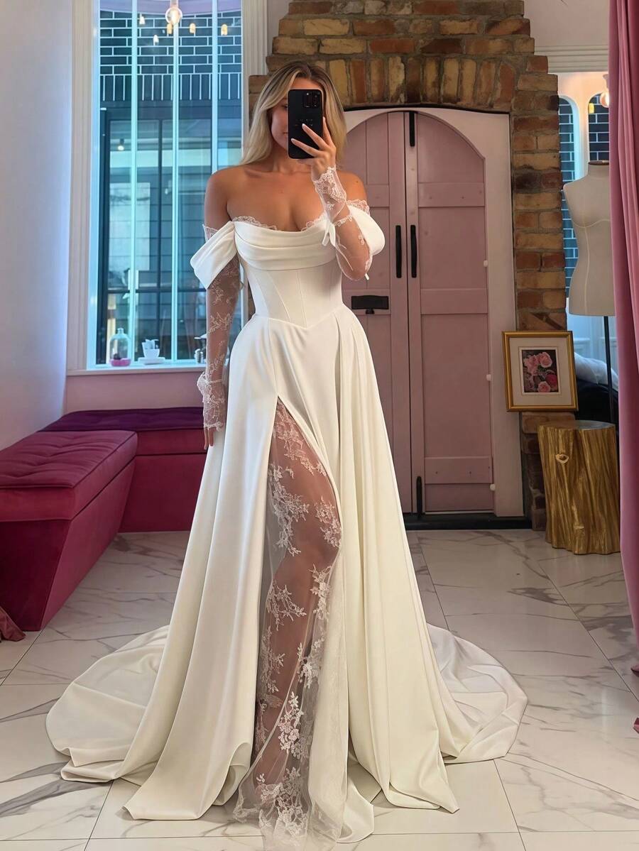 Elegant Sexy Off Shoulder High Slit Lace Long Sleeves A Line Satin Formal Bridal Dress Registration Wedding Dress For Bride,Bridal Fashion,Evening Party Dress Bridal Gowns,Romantic Church Ceremony Wedding Dress,Suitable For Wedding,Party,Singles' Party,Vacation,Bride,Formal Occasions,Dinner Dress,Prom Dress,Homecoming Dress,Cocktail Party - 白色 - 查看 1