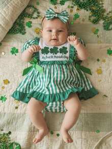 Mi primer atuendo para el Día de San Patricio para bebé niña, vestido de pelele a cuadros con bordado de trébol, manga corta abullonada, lazo, falda de lino con volantes, mono de lino de algodón, vestidos de princesa, ropa irlandesa para recién nacida con diadema. - Verde - Ver 2