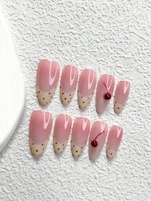 10pcs Simple & Cute Manicure Set, Polka Dot Nail Art Decorations, Nude Pink Base Color Press-On Nail Stickers, Adorable Cherry Nail Jewelry, Soft Yellow Gel Nail Stickers, 3 Sizes: Almond, Duck Mouth, Coffin Shapes, Includes Tool Kit (1 Jelly Sticker + 1 Nail File), Suitable For Women & Girls, Suitable For Outings, Photos, Dates, Parties, Daily Wear Nails Nail Supplies Handmade Press On Nails - 彩色 - 查看 14