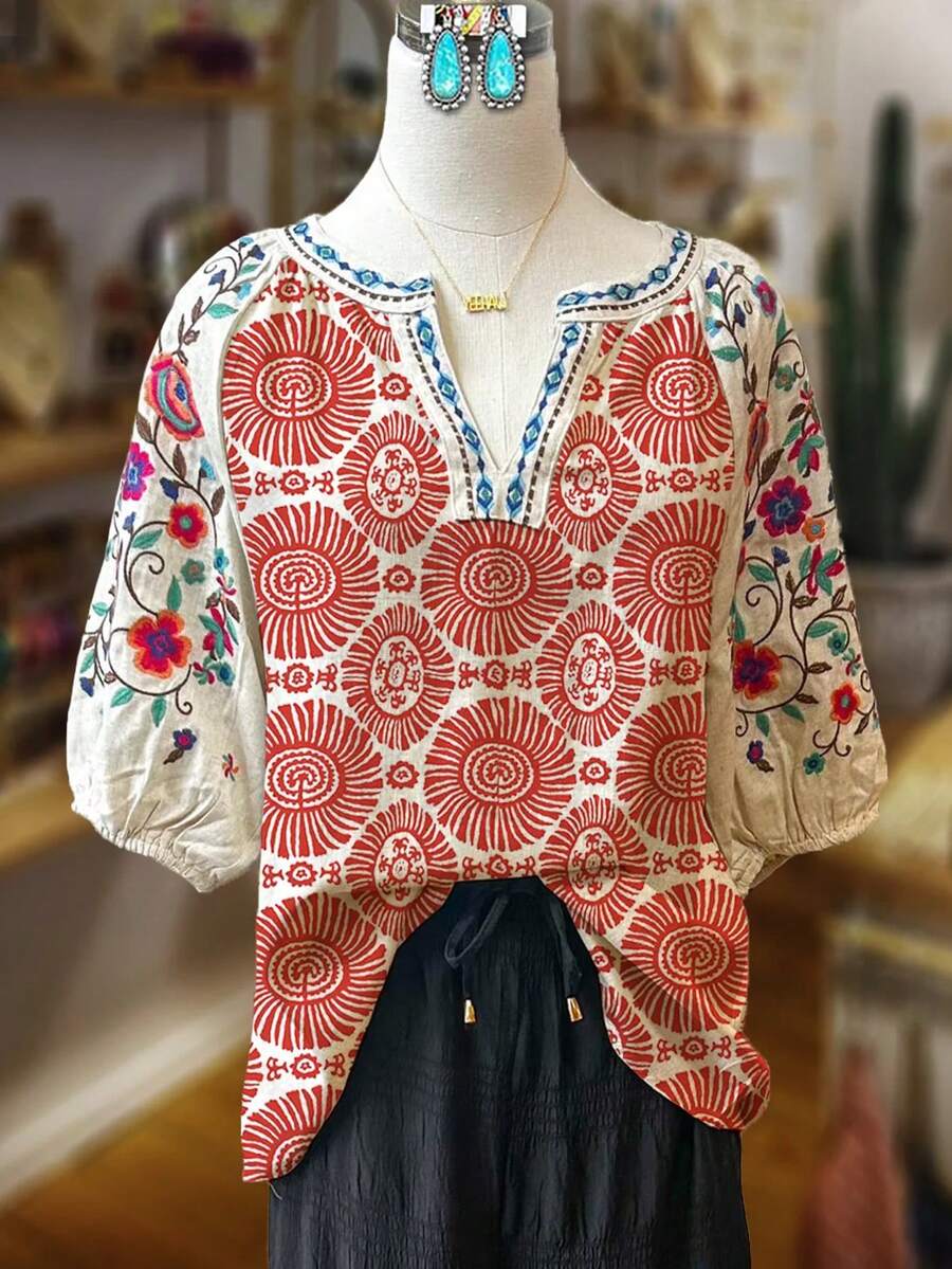Women's Puff Sleeve Boho Blouse: V-Neck Top With Red Circle Print On White, Colorful Floral Trim For Garden Parties, Date Nights, Casual Outings And Cozy Loungewear - 混合色 - 查看 1