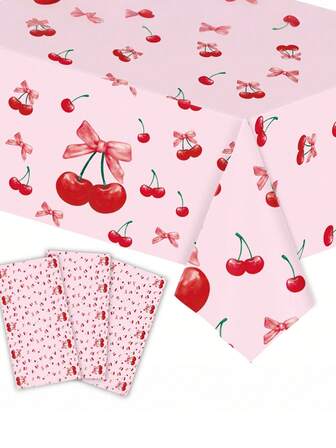 Dekorativ duk med körsbärstema för födelsedag, dekorativ duk med rosa rosett och körsbärstema för fest, dekorativ duk med körsbärstema för födelsedag, plastduk med körsbärsrosett, vattentät engångspresentduk med rektangulär rosett, stor dekorativ duk med körsbärsrosett för födelsedag, lämplig för körsbärstemafest, lämplig för matbordsdekoration, restaurangdekoration, hotelldekoration
