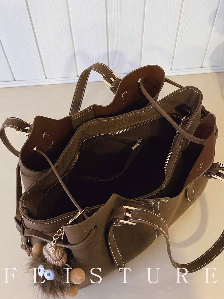 1pc FEISTURE Large Capacity PU Tote Bag, Fashion Shoulder Bag With Pendant, Suitable For Girls, Women, College Students, Young Professionals, Great For Work, Business, Commute, School - Coffee - View 3