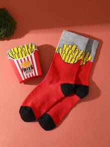 1 Pair Multicolor Mid-Calf Gift Socks, Unisex Couples Gift Box, Soft French Fry Novelty Socks, Imaginative Food-Inspired Creative Design, Comfortable & Versatile, Suitable For Birthday, Valentine's Day, Easter, Ramadan, Date, Family Gathering, Party, Holiday, Unique Fashion Casual Everyday Wear - Multicolor - View 7