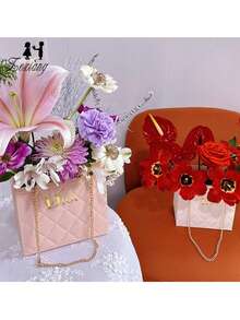 Foldable Handheld Flower Box, Rhombus Chain Pattern Gift Bag, High-End Reusable Hard Gift Box Bag, Suitable For 520 Valentine's Day, Mother's Day, Birthday, Wedding Romantic Flower Bouquet Packaging And Holiday Gifts