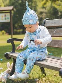 Conjunto de 3 piezas de primavera para bebés varones de Pascua, mono de manga larga con pajarita y pantalones con estampado de conejito, conjunto de gorro, ropa bonita para festivales de ocio, ideal para 0 a 18 meses. - Azul - Ver 5