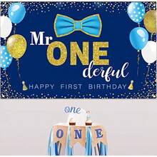 DBoys 1st Birthday Backdrop Banner Mr. Onederful Photography Background Party Ply Boy Toddler Little Man First Birthday Cake Table Decor Banner Blue - 藍色 - 查看 5